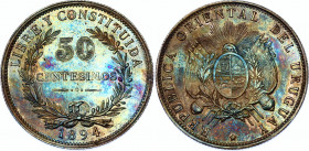 Uruguay 50 Centesimos 1894
KM# 16, N# 4361; Silver; UNC with minor hairlines & amazing toning