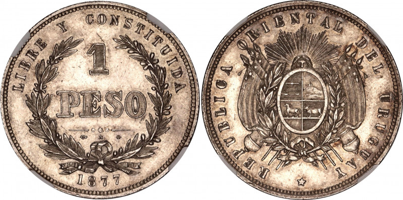 Uruguay 1 Peso 1877 A NGC MS 61
KM# 17; Silver, Paris Mint. Well struck coin wi...