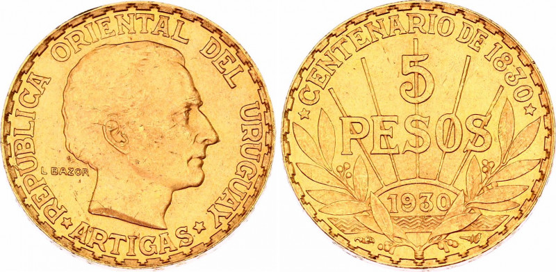 Uruguay 5 Pesos 1930
KM# 27, N# 50804; Gold (.917) 8.48 g., 22 mm.; Constitutio...