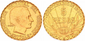 Uruguay 5 Pesos 1930
KM# 27, N# 50804; Gold (.917) 8.48 g., 22 mm.; Constitution Centennial; AUNC/UNC