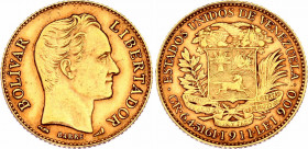 Venezuela 20 Bolivares 1911
Y# 32, N# 42581; Gold (.900) 6.44 g., 22 mm.; XF+