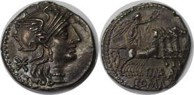 Römische Münzen, MÜNZEN DER RÖMISCHEN REPUBLIK. AR-Denar 132 v. Chr, Rom. P. Maenius Antiaticus, 3,83 g. Romakopf r. mit geflügeltem Helm, dahinter St...