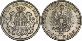 Deutsche Münzen und Medaillen ab 1871, REICHSSILBERMÜNZEN, Hamburg. Stadt Freie und Hansestadt Hamburg. 2 Mark 1876 J. Jaeger 61. Vorzüglich. Kl.kratz...