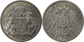 Deutsche Münzen und Medaillen ab 1871. REICHSSILBERMÜNZEN. Hamburg. Freie Hansestadt. 3 Mark 1914 J, Silber. Jaeger 64. Vorzüglich-Stempelglanz, kl.Kr...