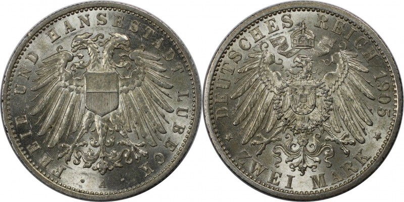 Deutsche Münzen und Medaillen ab 1871, REICHSSILBERMÜNZEN, Lübeck. 2 Mark 1905 A...