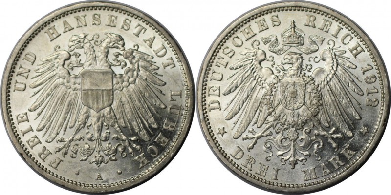 Deutsche Münzen und Medaillen ab 1871, REICHSSILBERMÜNZEN, Lübeck. 3 Mark 1912 A...