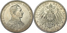 Deutsche Münzen und Medaillen ab 1871, REICHSSILBERMÜNZEN, Preußen, Wilhelm II (1888-1918). 3 Mark 1914 A, Silber. Jaeger 112. Fast Stempelglanz