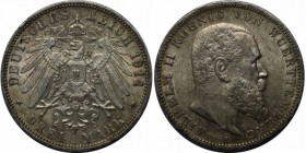 Deutsche Münzen und Medaillen ab 1871, REICHSSILBERMÜNZEN, Württemberg, Wilhelm II (1891-1918). 3 Mark 1914 F, Silber. J.175. Vorzüglich