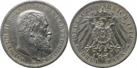 Deutsche Münzen und Medaillen ab 1871, REICHSSILBERMÜNZEN, Württemberg, Wilhelm II (1891-1918). 3 Mark 1914 F, Silber. Jaeger 175. Vorzüglich