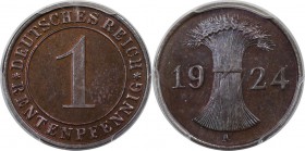 Deutsche Münzen und Medaillen ab 1871, WEIMARER REPUBLIK. 1 Reichspfennig 1924 A. PCGS PR64 BN