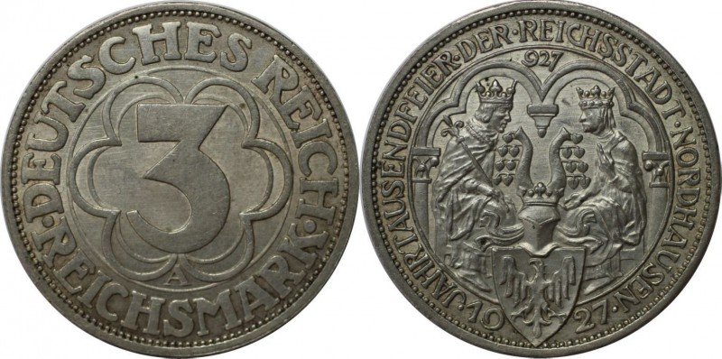 Deutsche Münzen und Medaillen ab 1871, WEIMARER REPUBLIK. 3 Mark 1927 A, Silber....