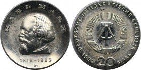 Deutsche Münzen und Medaillen ab 1945, Deutsche Demokratische Republik bis 1990. 20 Mark 1968 A, (Zum 150. Geburtstag von Karl Marx). Silber. KM 21. J...