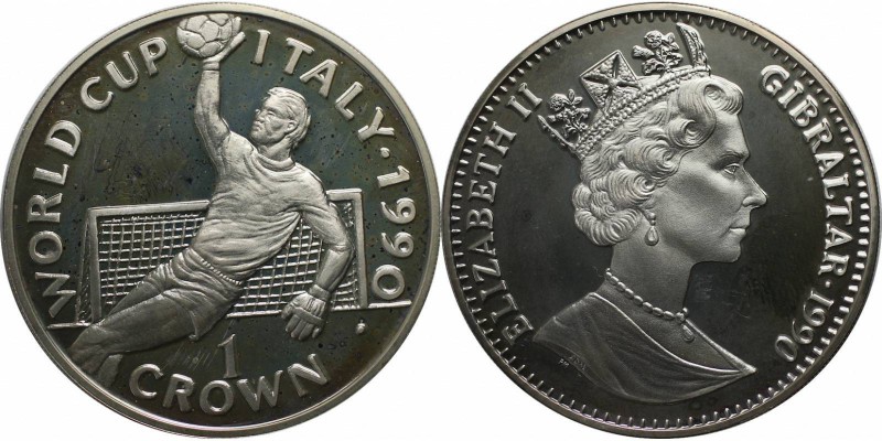 Europäische Münzen und Medaillen, Gibraltar. Weltcup-Fußball. 1 Krona 1990, Silb...