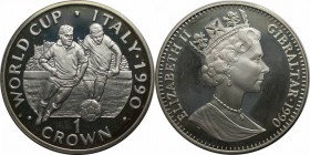 Europäische Münzen und Medaillen, Gibraltar. Weltcup-Fußball. 1 Krona 1990, Silber. 0.84 OZ. KM 37a. Polierte Platte.