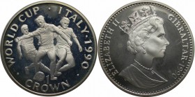 Europäische Münzen und Medaillen, Gibraltar. Weltcup-Fußball. 1 Krona 1990, Silber. 0.84 OZ. KM 38a. Polierte Platte