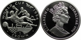 Europäische Münzen und Medaillen, Gibraltar. Fußball Weltmeisterschaft. 1 Krona 1994, Silber. 0.84 OZ. KM 229a. Polierte Platte
