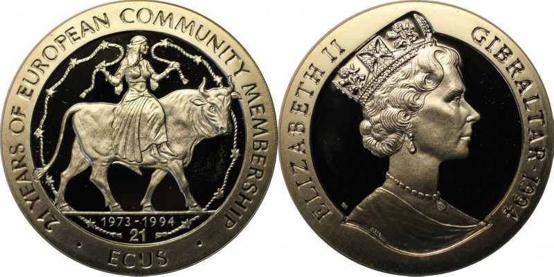 Europäische Münzen und Medaillen, Gibraltar. Europa auf dem Stier. 21 Ecus 1994,...