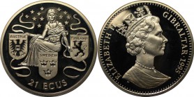 Europäische Münzen und Medaillen, Gibraltar. Europa umrahmt von drei Länderwappen. 21 Ecus 1995, Silber. 0.57 OZ. KM 498. Polierte Platte. Patina. Fin...