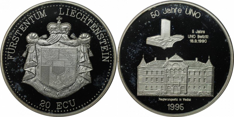 Europäische Münzen und Medaillen, Liechtenstein. 50 Jahre UNO. 20 Ecu 1995, Silb...