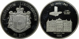 Europäische Münzen und Medaillen, Liechtenstein. 50 Jahre UNO. 20 Ecu 1995, Silber. Polierte Platte