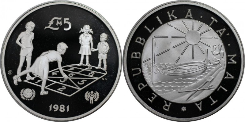 Europäische Münzen und Medaillen, Malta. 5 Pounds 1981, Silber. 0.84 OZ. Poliert...