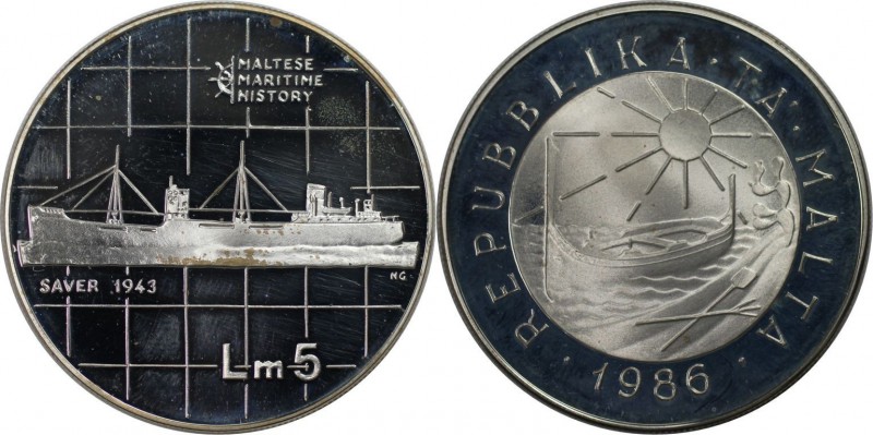 Europäische Münzen und Medaillen, Malta. 5 Pounds 1986, Silber. 0.59 OZ. Poliert...