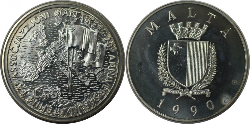 Europäische Münzen und Medaillen, Malta. 5 Liri 1990, Silber. 0.84 OZ. Stempelgl...