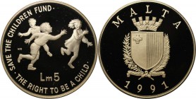 Europäische Münzen und Medaillen, Malta. 5 Pound 1991, Silber. 0.84 OZ. Polierte Platte