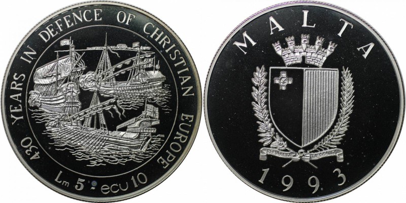 Europäische Münzen und Medaillen, Malta. Drei Schiffe. 5 Lire 1993, Silber. 0.74...