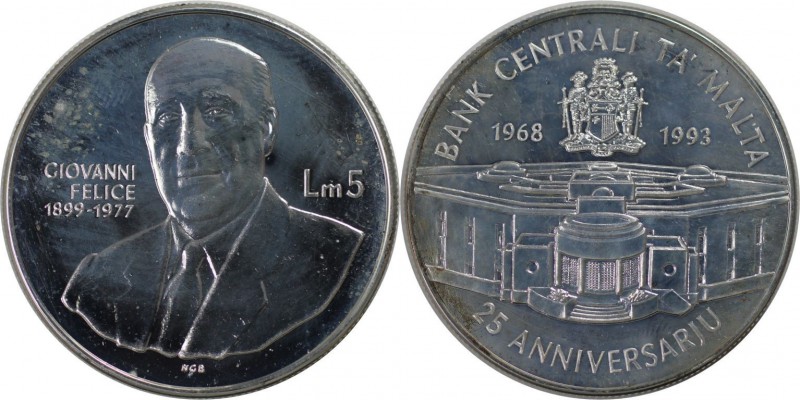 Europäische Münzen und Medaillen, Malta. 5 Liri 1993, Silber. 0.84 OZ. Stempelgl...