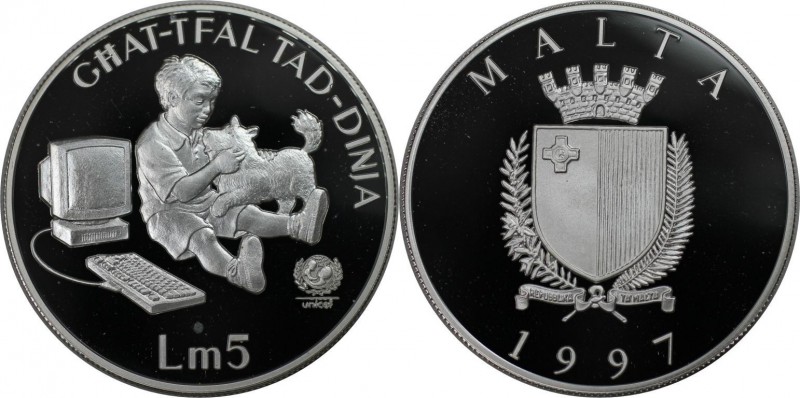 Europäische Münzen und Medaillen, Malta. 5 Liri 1997, Silber. 0.84 OZ. Polierte ...