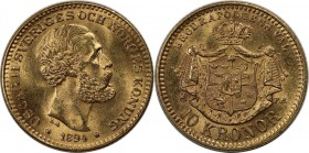 Europäische Münzen und Medaillen, Schweden / Sweden. Oscar II. (1872-1907). 10 Kronor 1894 EB, Gold. 4.48gms. 900/1000. Fb. 94a, Sieg 87. Stempelglanz...