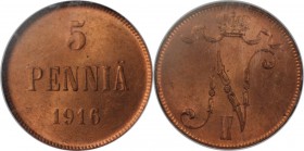 Russische Münzen und Medaillen, Nikolaus II (1894-1918), 5 Penniä 1916, Helsinki, für Finnland. Kupfer. Bitkin 456. NGC MS 66 RD. Selten in dieser Erh...