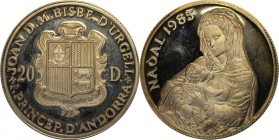 Weltmünzen und Medaillen, Andorra. 20 Diners 1985, Silber. 0.46 OZ. KM 26. Polierte Platte. Patina. Fingerabdrücke
