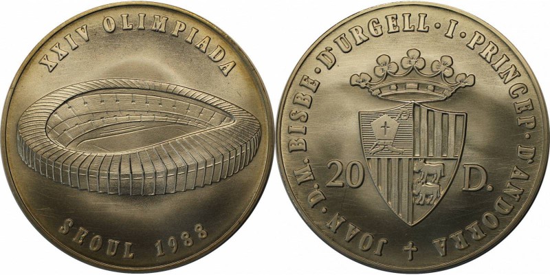 Weltmünzen und Medaillen , Andorra. 20 Diners 1988, 0.43 OZ. Silber. Stempelglan...