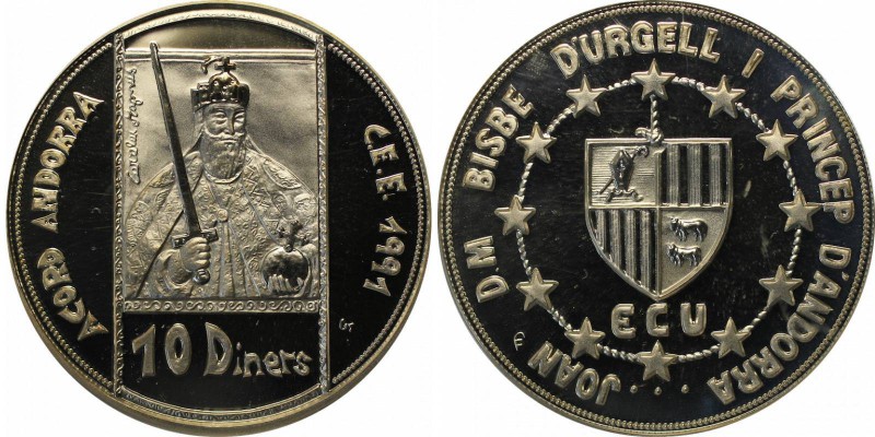 Weltmünzen und Medaillen , Andorra. 10 Diners 1991, Silber. 1.0 OZ. Polierte Pla...