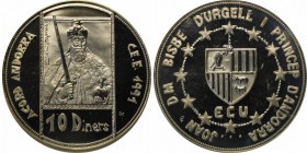Weltmünzen und Medaillen , Andorra. 10 Diners 1991, Silber. 1.0 OZ. Polierte Platte
