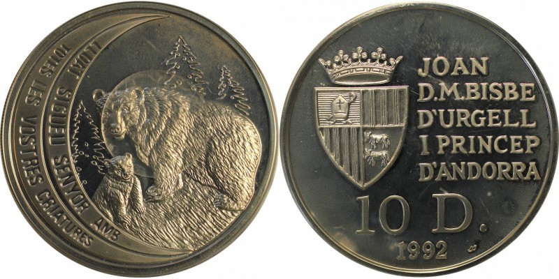 Weltmünzen und Medaillen , Andorra. 10 Diners 1992, 0.93 OZ. Silber. Polierte Pl...