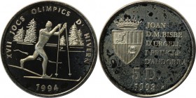 Weltmünzen und Medaillen, Andorra. Olympische Winterspiele 1994 in Lillehammer - Langlauf. 5 Diners 1993, Silber. KM 80. Polierte Platte