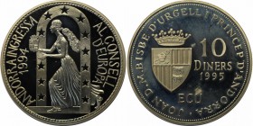 Weltmünzen und Medaillen , Andorra. 10 Diners 1995, 0.93 OZ. Silber. Polierte Platte