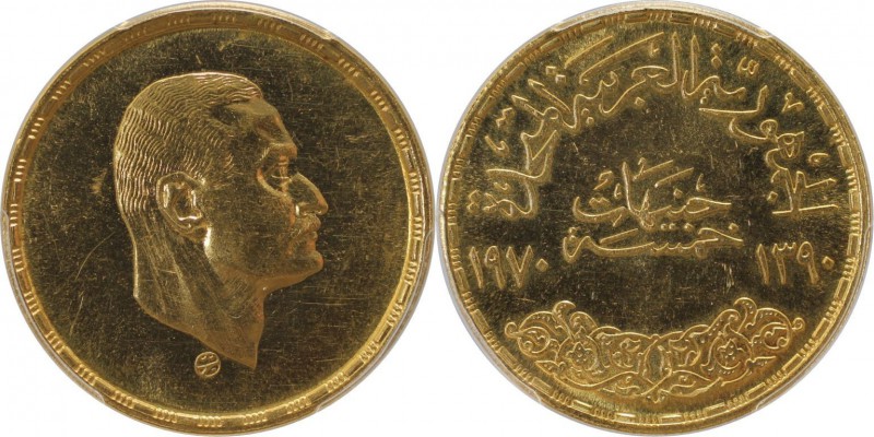 Weltmünzen und Medaillen, Ägypten / Egypt. Präsident Nasser. 5 Pounds 1970, Gold...