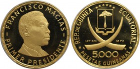 Weltmünzen und Medaillen, Äquatorial Guinea / Equatorial Guinea. Francisco Macias Nguema, 1. Staatspräsident. 5000 Pesetas 1970, Gold. KM 31. PCGS PR6...