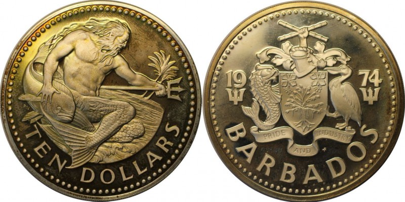 Weltmünzen und Medaillen, Barbados. 10 Dollars 1974, Silber. 1.13 OZ. Stempelgla...