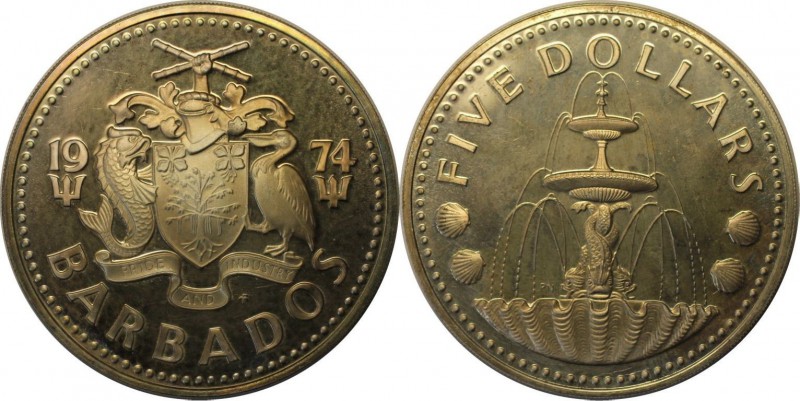 Weltmünzen und Medaillen, Barbados. 5 Dollars 1974, 0.8 OZ. Silber. Stempelglanz...