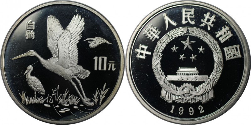 Weltmünzen und Medaillen , China. Weisse Störche. 10 Yuan 1992, Silber. KM 454. ...