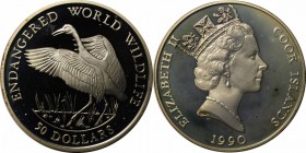 Weltmünzen und Medaillen, Cookinseln / Cook Islands. Gefährdete Tierwelt. Schreikranich. 50 Dollars 1990, Silber. 0.58 OZ. KM 117. Polierte Platte