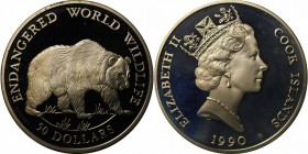 Weltmünzen und Medaillen, Cookinseln / Cook Islands. Gefährdete Tierwelt. Grizzly. 50 Dollars 1990, Silber. 0.58 OZ. KM 52. Polierte Platte