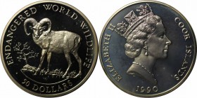 Weltmünzen und Medaillen, Cookinseln / Cook Islands. Gefährdete Tierwelt. Mufflon. 50 Dollars 1990, Silber. 0.58 OZ. KM 56. Polierte Platte