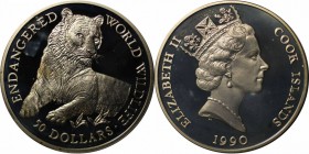 Weltmünzen und Medaillen, Cookinseln / Cook Islands. Gefährdete Tierwelt. Tiger. 50 Dollars 1990, Silber. 0.58 OZ. KM 206. Polierte Platte