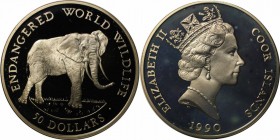 Weltmünzen und Medaillen, Cookinseln / Cook Islands. Tierwelt. Elefant. 50 Dollars 1990, Silber. 0.58 OZ. KM 53. Polierte Platte